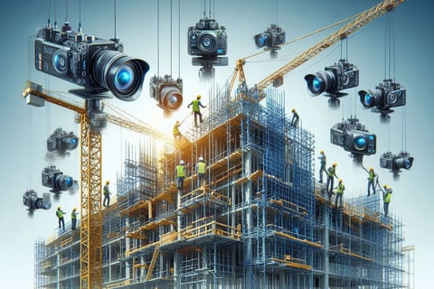 a construction crane with a lot of cameras around it