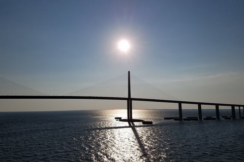 Lady and The Pirate sail out of Tampa, Florida under the Sunshine Skyway Bridge