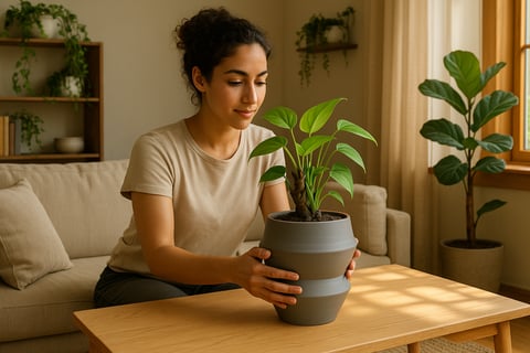 a woman sitting on a couch holding a plant