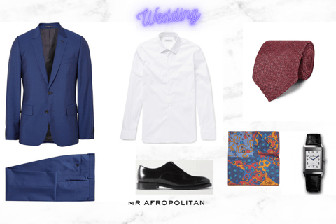 Costume bleu marine - chemise blanche - oxford noire - cravate - accessoires - Mr Afropolitan