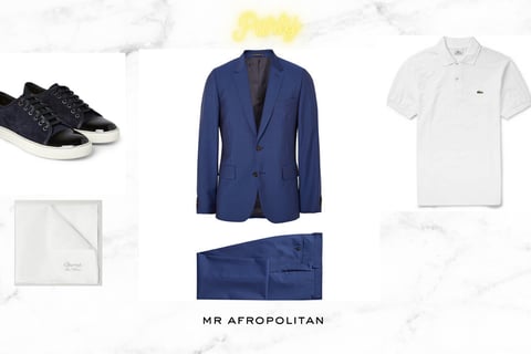 Costume bleu marine - polo blanc - baskets noires semelles blanches - Mr Afropolitan