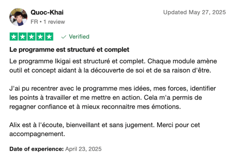Avis 5 étoiles Trustpilot de Quoc-Khai sur le programme Ikigai s'éveiller à sa raison d'être