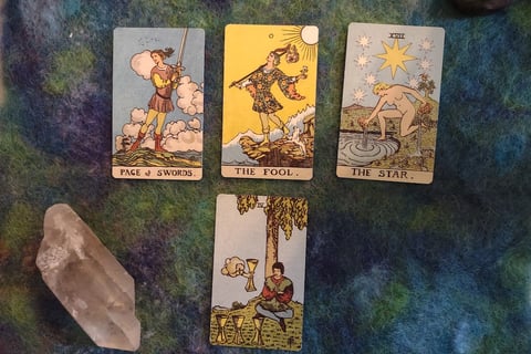Tarot cards Page Swords, Fool, Star, 4 of Cups