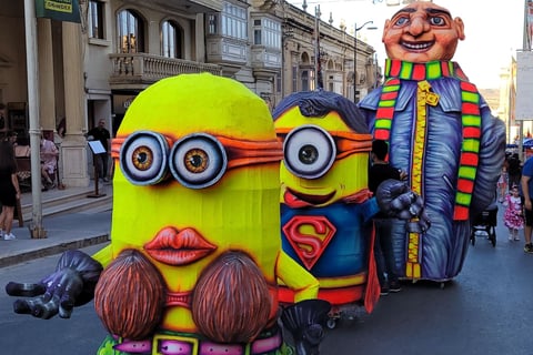 Carnival floats in Victoria, Gozo. Two minions followed by Gru.