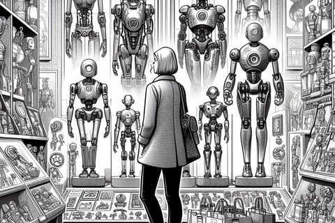 a woman standing in front of a store with robots