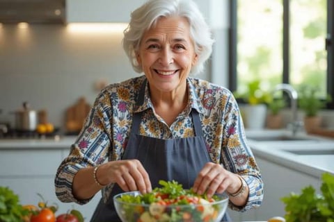 "Idoso preparando refeição saudável com alimentos neuroprotetores"