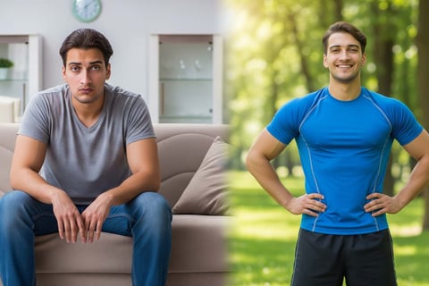 à esquerda uma pessoa cansada e sedentária, à direita a mesma pessoa ativa e com aparência saudável após rotin