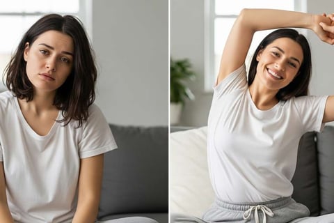 Duas cenas lado a lado: uma pessoa com aparência cansada antes do alongamento e a mesma pessoa depoi