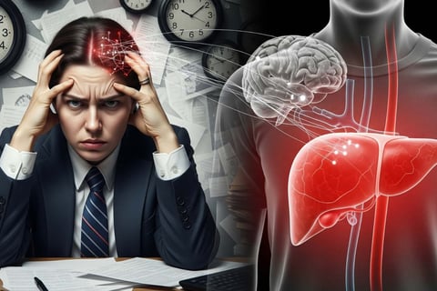 "Infográfico mostrando sintomas compartilhados entre gordura no fígado e ansiedade"