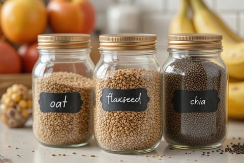 Potes de vidro com linhaça e chia rotulados, sobre bancada de cozinha com frutas ao fundo.