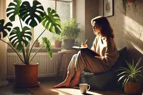 Mulher escrevendo no diário com chá, em ambiente calmo pela manhã