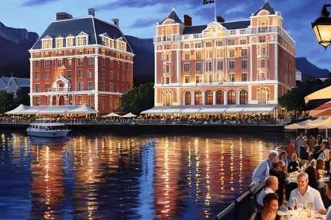 a painting of a restaurant with a view of a large building
