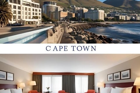 a hotel room with two beds and a view of the ocean
