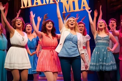 a group of women in dresses and hats are standing on a stage