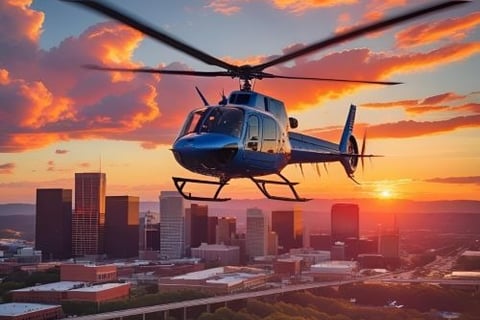 a helicopter flying over a city at sunset