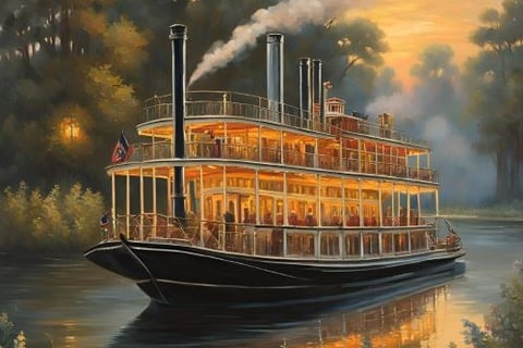 a painting of a steamboat boat on a river