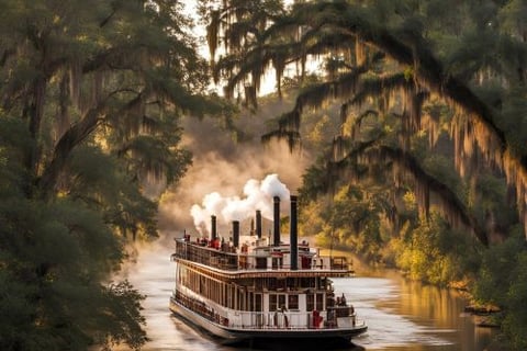 a steamboat boat on the river with a steam engine