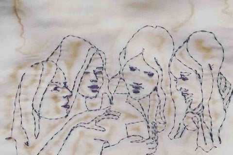 Coffee Drinkers, hand stitched on silk