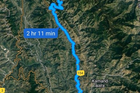 a map of a route map of a route from Mandi, Himachal Pradesh to Barot Valley, Himachal Pradesh.