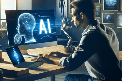 man using AI on laptop