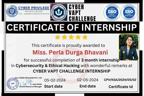 Miss Perla Durga Bhavani Intern-Cyber Forensics Specialist from 05/02/2024 to: 02/05/2024 Success