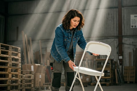 mujer inspeccionando una silla para su evento