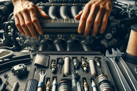 Mechanic replacing air filters, spark plugs, and fuel filters in a car engine