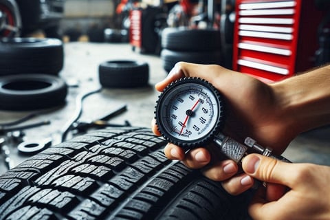 Close-up of a car tire being checked with a tire gauge in a workshop
