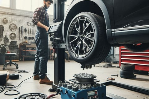 Mechanic balancing car wheels in a workshop.