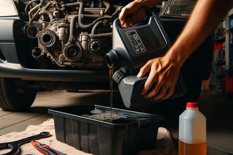 Person changing car oil with tools and new oil filter in a garage