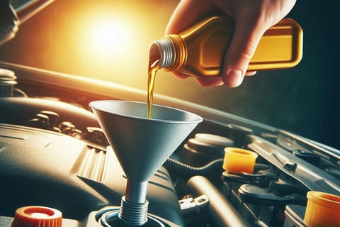 Person adding oil to a car engine, showing low oil level