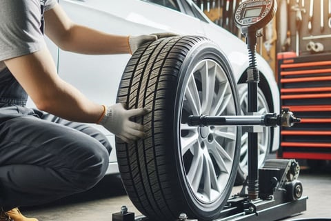 Mechanic checking car wheel alignment using a machine in a garage.