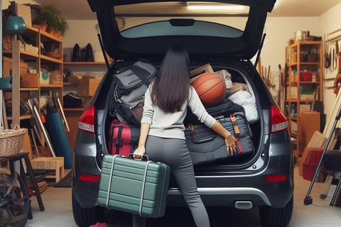 Person removing heavy items from a car trunk to reduce vehicle weight.