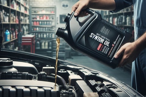  Mechanic pouring synthetic motor oil into car engine