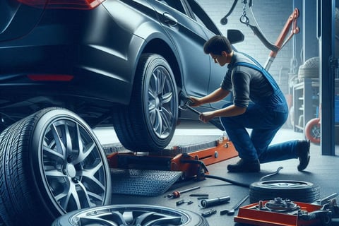 Mechanic rotating car tires in a workshop.