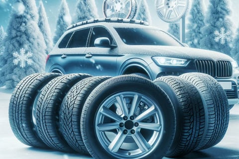 Car with winter tires for snowy conditions.