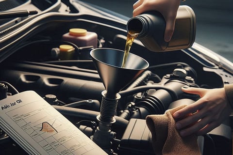 Person pouring oil into a car engine, checking the manual for correct amount.