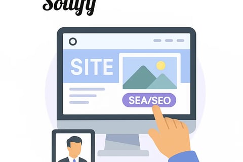 Croquis de site web avec SEO et SEA à l’écran – Solufy