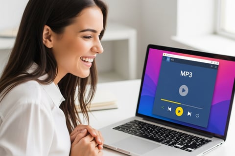 Una chica sonríe mientras reproduce música en su portátil en un reproductor MP3 hecho por ella.