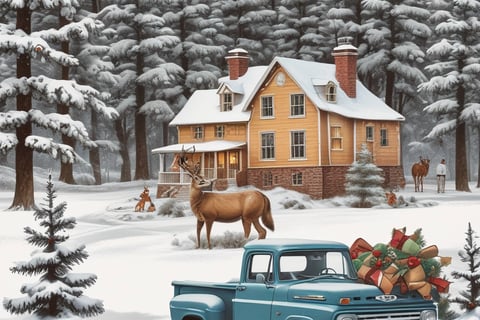 moving charismas image with truck trees and deer