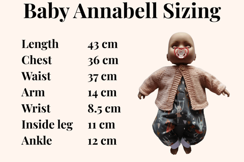 A sizing chart for Baby Annabell dolls
