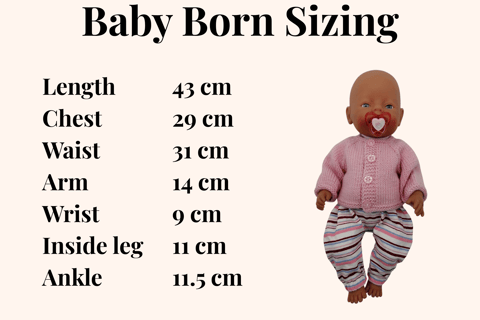 A sizing chart for Baby Born dolls