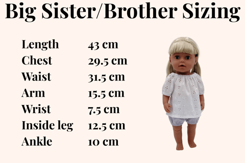Measurements for Baby Born Big Sister doll
