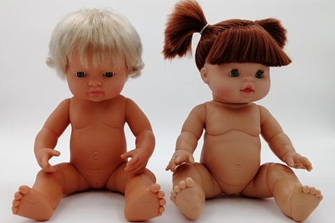 A Miniland doll sitting next to a Minikane doll