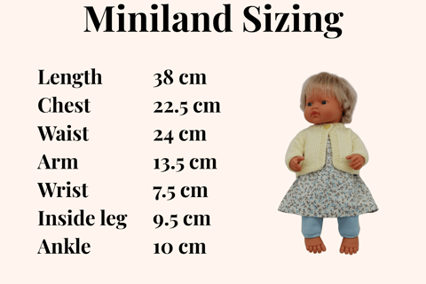 Sizing chart for 38cm Miniland doll