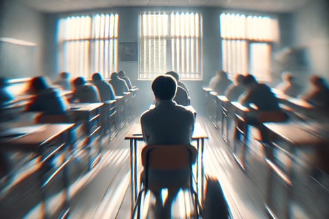 Blurred classroom with a lone student sitting under harsh sunlight