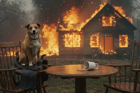 a dog sitting on a table with a cup of coffee and a cup of coffee