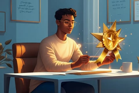 a man sitting at a desk with a star