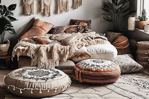a bedroom with a bed and a large rug