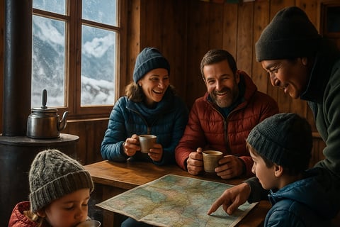 Family shares tea and warmth inside a Himalayan lodge on a trek.